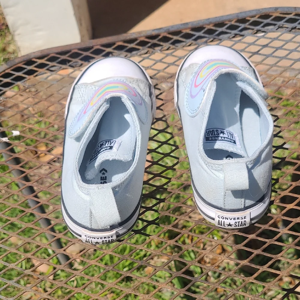 Converse Kids Light Blue Slip-On Sneakers with Rainbow Heart